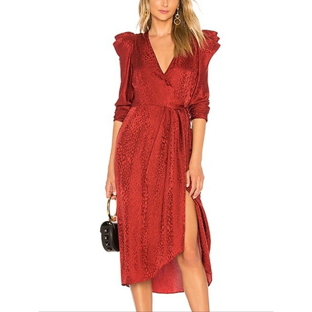 A.L.C. Silk Wrap Midi Shoulder Ruching Festival Boho Coastal Euro Summer Dress